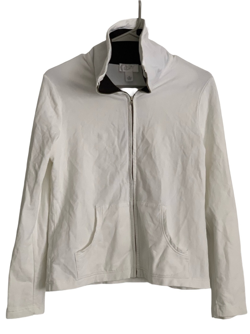 LOFT White Dark Brown Trim Full Front Zipper Closure Cotton Spandex Jacket